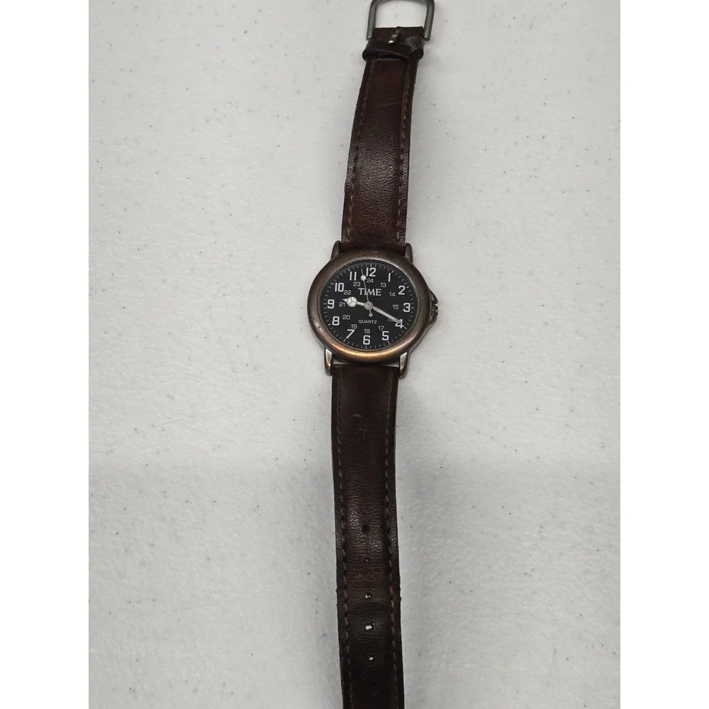 TIME Quartz Watch Mens Brown Leather Strap Black Dial Military Field Style vtg